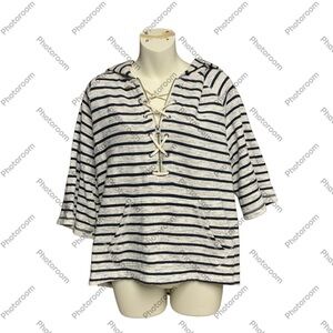 Sperry size small blue/gray Striped Lace-Up Hoodie front pocket